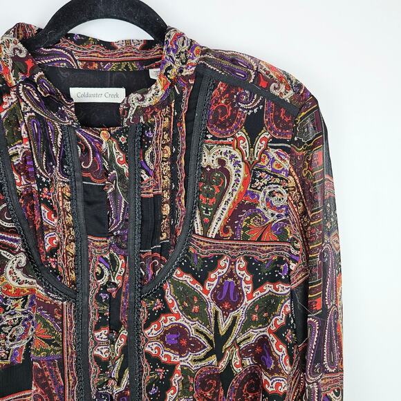 Coldwater Creek Women’s Sheer Boho Paisley Blouse PL Petite Large Whimsical Fall - Picture 9 of 12